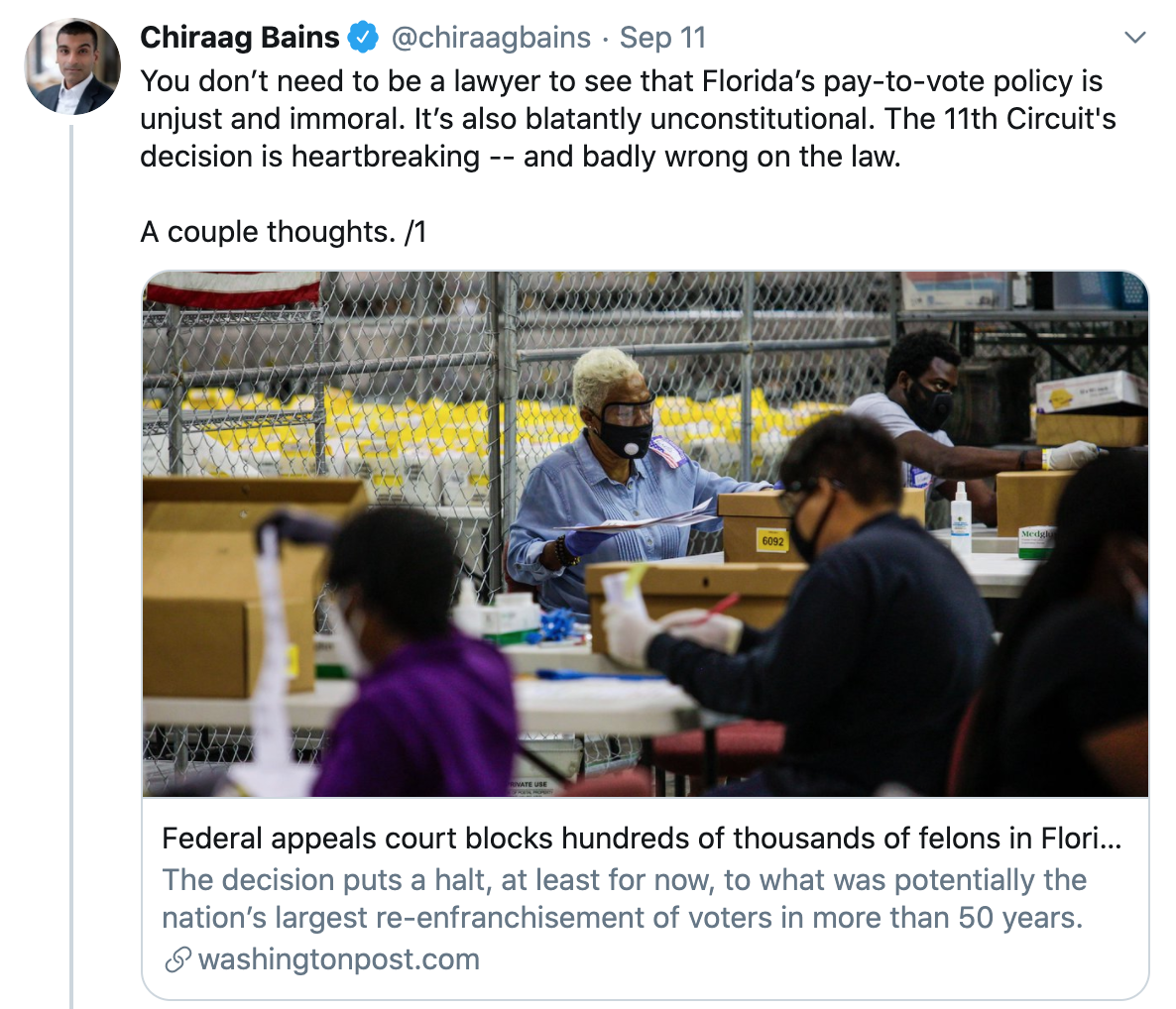 "You don''t need to be a lawyer to see that Florida''s pay-to-vote policy is unjust and immoral." - Chiraag Bains