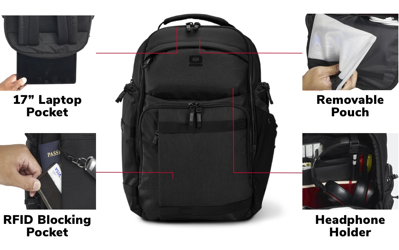 Pace 25 Backpack comes with a 17 inch laptop pocket, headphone holder, removable puch, RFID blocking pocket.