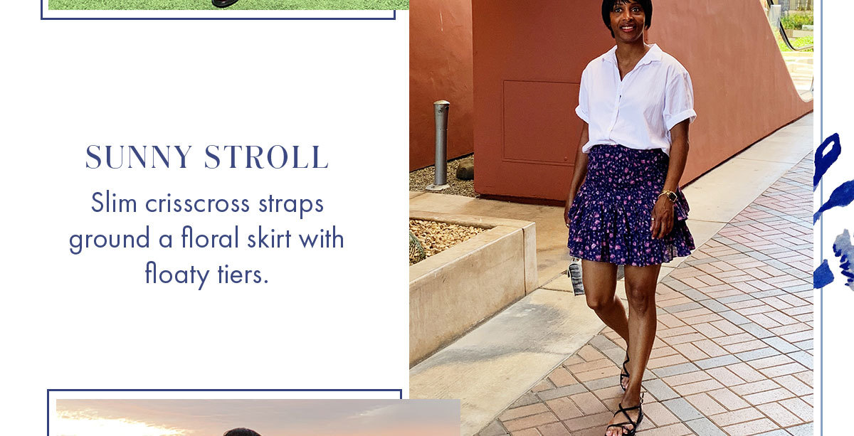 SUNNY STROLL Slim crisscross straps ground a floral skirt with floaty tiers. 