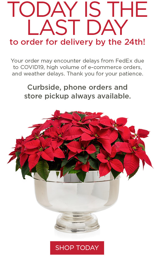 Today is the last day to order for delivery by the 24th! Your order may encounter delays from FedEx due to COVID19, high volume of e-commerce orders, and weather delays. Thank you for your patience. Curbside, phone orders and store pickup always available.
