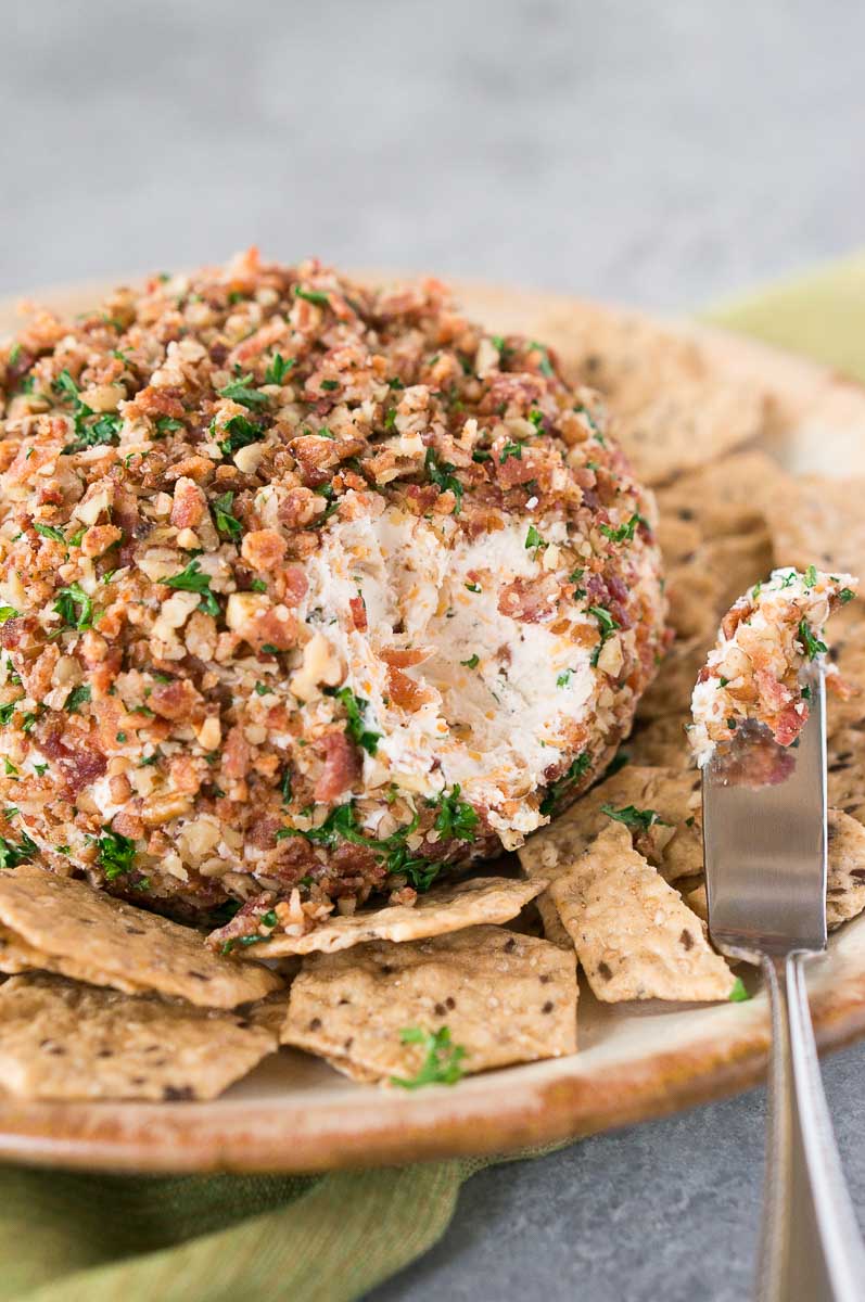 classic bacon pecan cheese ball recipe served with crackers