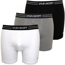 3-Pack Placed Logo Button-Fly Boxer Briefs, Black/White/Grey