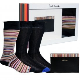Leather Cardholder Wallet & 3-Pack Multi Stripe Socks Luxury Gift Set, Black/multi