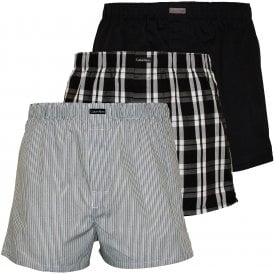 3-Pack Stripe, Plaid & Plain Boxer Shorts, Black/Grey