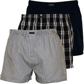 3-Pack Stripe, Plaid & Plain Boxer Shorts, Blue/Navy