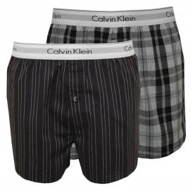 2-Pack Stripes & Plaid Woven Boxer Shorts Slim-Fit, Grey/Black