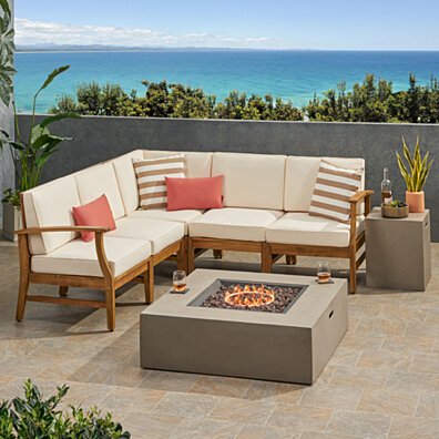Esther Outdoor 5 Seater V-Shaped Acacia Wood Sofa Set with Square Fire Pit