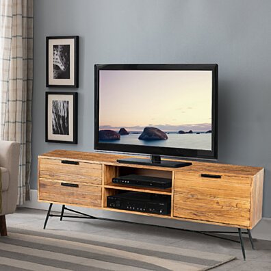 Roomy Wooden Media Console with Slanted Metal Base, Brown and Black