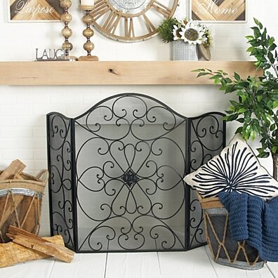 Scroll Patterned 3 Panel Metal Fireplace Screen With Double Bar, Black