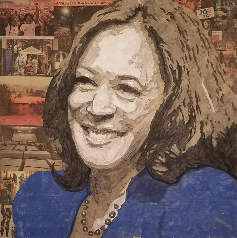 <strong>Geoffrey Stein. </strong><em>Madame Vice President</em>, 2020. Acrylic, gesso and pencil on canvas. Collage material from the New York Times and the transcript of U.S. Senator Kamala Harris questioning Attorney General William Barr before the Senate Judiciary Committee, May 1, 2019.