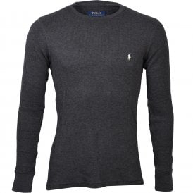 Long-Sleeve Waffle Jersey Top, Charcoal with cream polo player