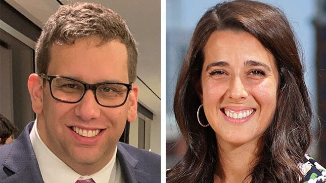 Adam Alonso, chief of staff to the 2020 DNC Host Committeee, left, and Liz Gilbert, the committee president, right