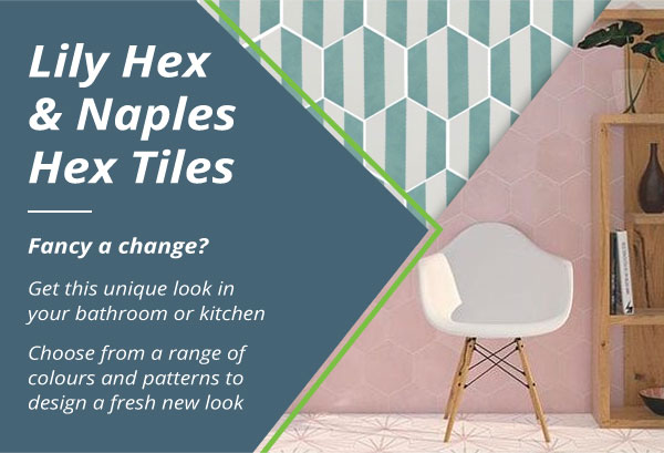Lily hex and Naples hex tiles. Fancy a change? Get this unique look in your bathroom or kitchen