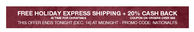 Free Holiday Express Shipping and 20% Cash Back Coupon on Orders Over $99