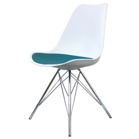Eiffel Inspired White and Petrol Blue Plastic Dining Chair with Chrome Metal Legs