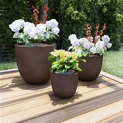 Set of 3 Large Fiber Clay Planters Antique Brown Weather Resistant Modern Round Outdoor Potting and Replanting Pots
