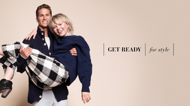 A stylish young man carrying a stylish young woman. Text reads "Get Ready for Style"