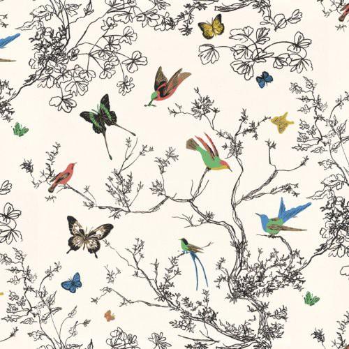 Image of Schumacher Birds & Butterflies Multi On White Wallpaper