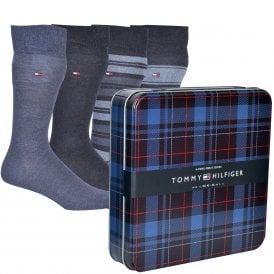 4-Pack Striped Socks Collectible Gift Tin, Blue/Navy