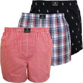 3-Pack Woven Plaid/Logo/Plaid Boxer Shorts, Navy/Red/Blue