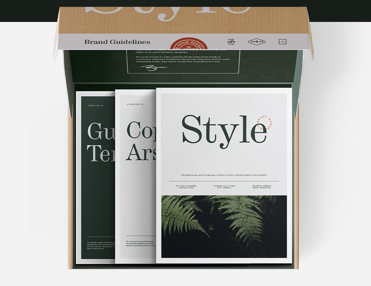 The Style Guide Kit in a box. This is a mockup, but wouldn''t it be cool if we printed our stuff like this?!