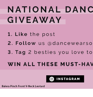 National dance day giveaway. 1. like the post 2. follow us @dancewearsolutions 3. tag 2 besties you love to move with. win all these must haves! check it out on instagram