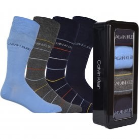 4-Pack Stripes & Solids Socks Gift Tin, Navy/Grey/Blue
