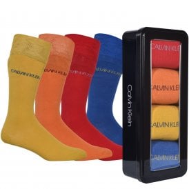 4-Pack Combed Cotton Socks Gift Tin, Blue/Yellow/Orange/Red