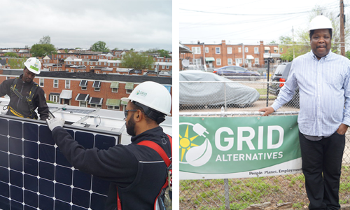 Two pictures, side by side - one shows people holding a solar panel, the other shows a homeowner beside a GRID sign.