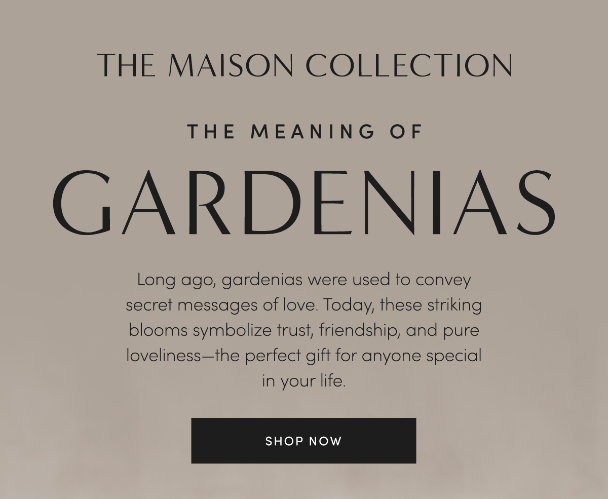 THE MAISON COLLECTION THE MEANING OF GARDENIAS | Long ago, gardenias were used to convey secret messages of love. Today, these striking blooms symbolize trust, friendship, and pure loveliness-the perfect gift for anyone special in your life. | SHOP NOW