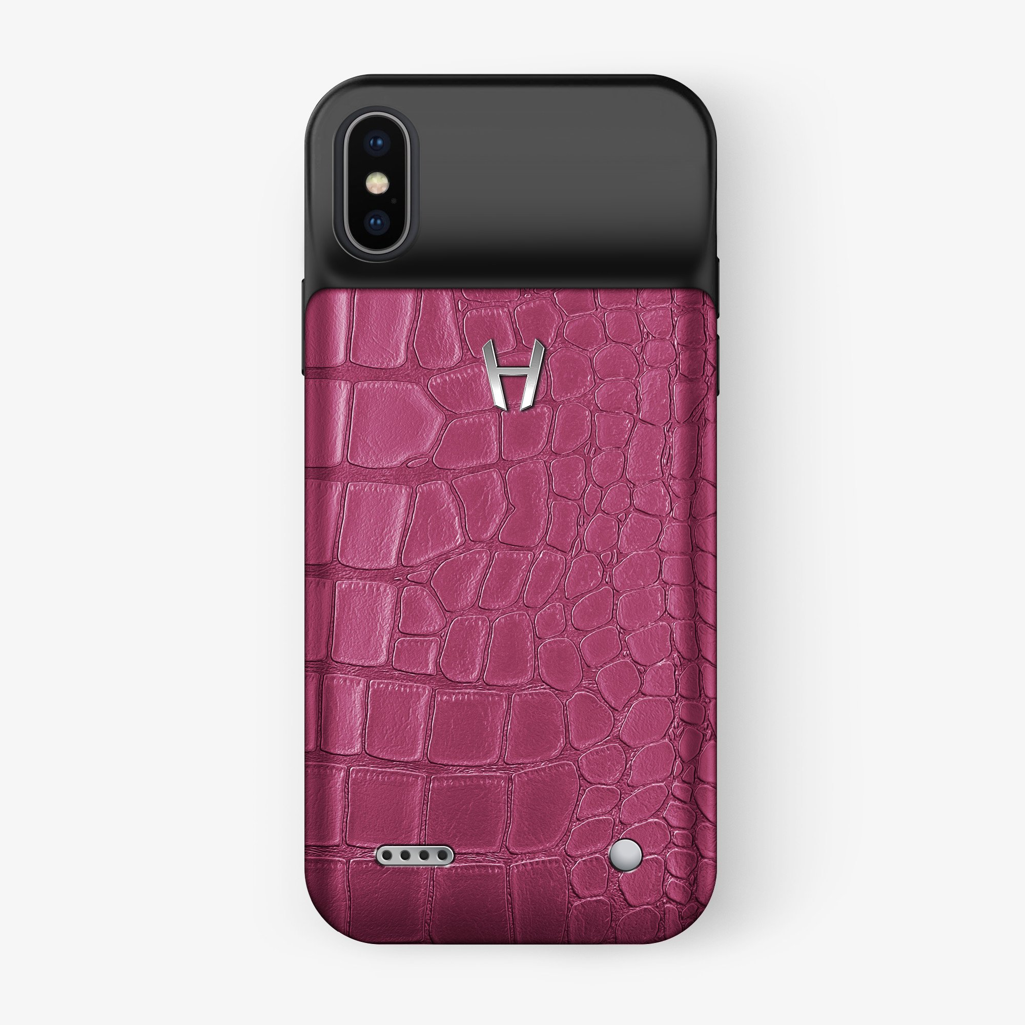 Alligator Battery Case Apple iPhone X/Xs | Pink Fuchsia - Stainless Steel