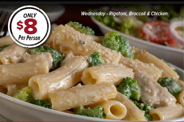 Wednesday Rigatoni, Broccoli & Chicken Family Meal Deal - $8 per person. Click to order