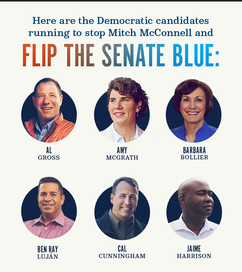 Here are the Democratic candidates running to stop Mitch McConnell and flip the Senate blue: Al Gross, Amy McGrath, Barbara Bollier, Ben Ray Luj?n, Cal Cunningham, Jaime Harrison