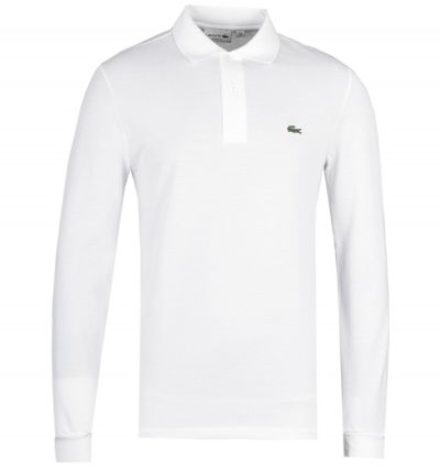Lacoste L1312 White Classic Fit Long Sleeved Pique Polo Shirt