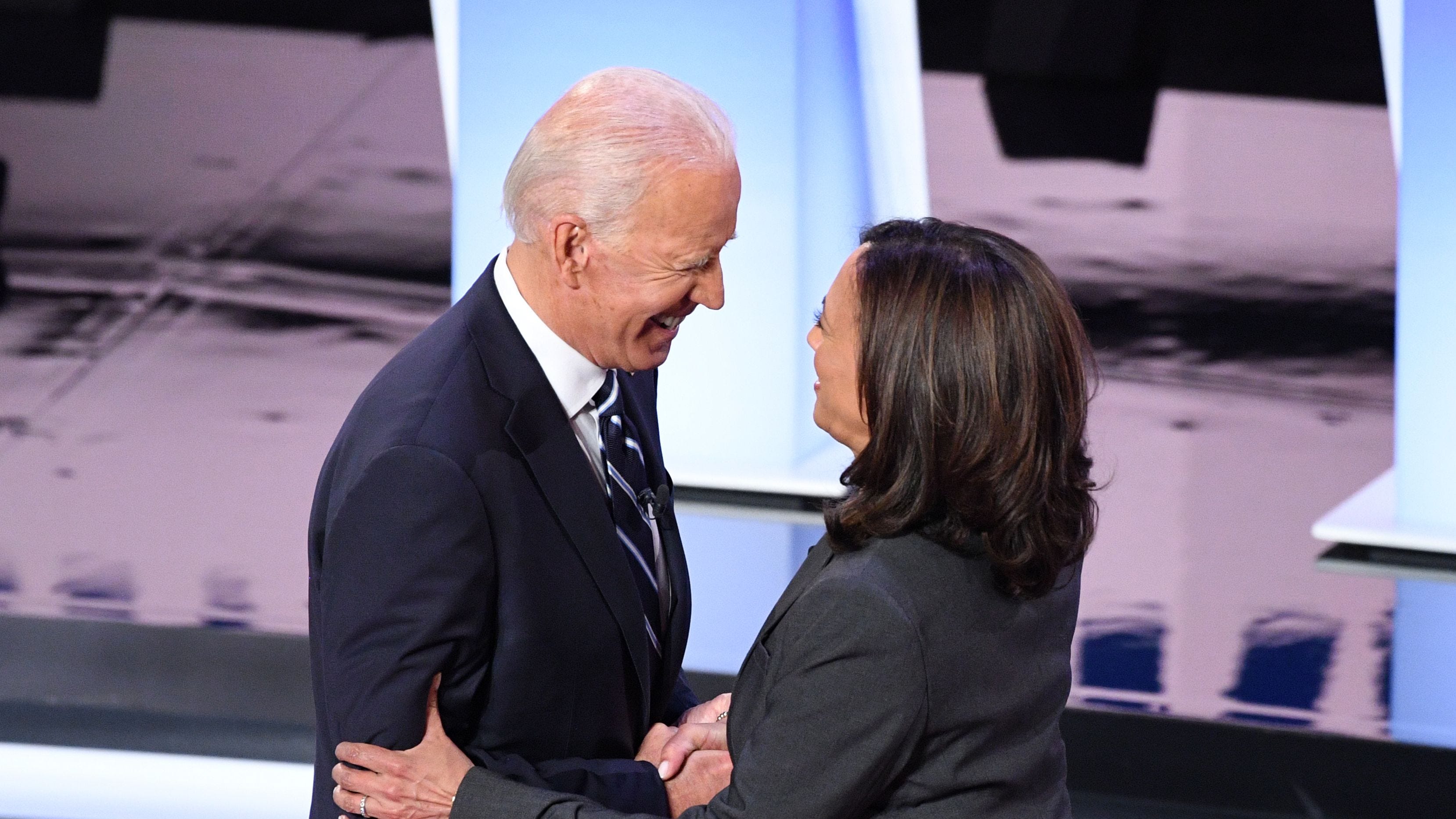 AFP_1J87ZG.jpg Democratic presidential hopefuls former Vice President Joe Biden (L) and US Senator from California Kamala Harris greet each other ahead of the second round of the second Democratic primary debate of the 2020 presidential campaign season hosted by CNN at the Fox Theatre in Detroit, Michigan on July 31, 2019. (Photo by Jim WATSON / AFP)JIM WATSON/AFP/Getty Images