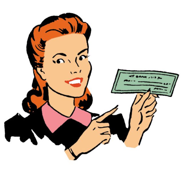 Vintage drawing of woman pointing to a check