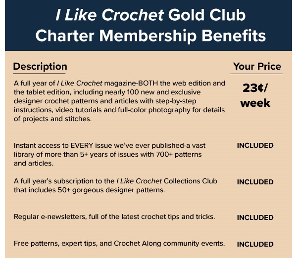 Please review this list of membership benefits available to you when you join the I Like Crochet Gold Club.