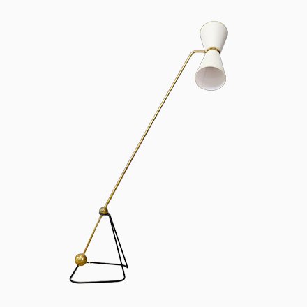 Image of Mid-Century French Brass & Fabric Pendulum Floor Lamp