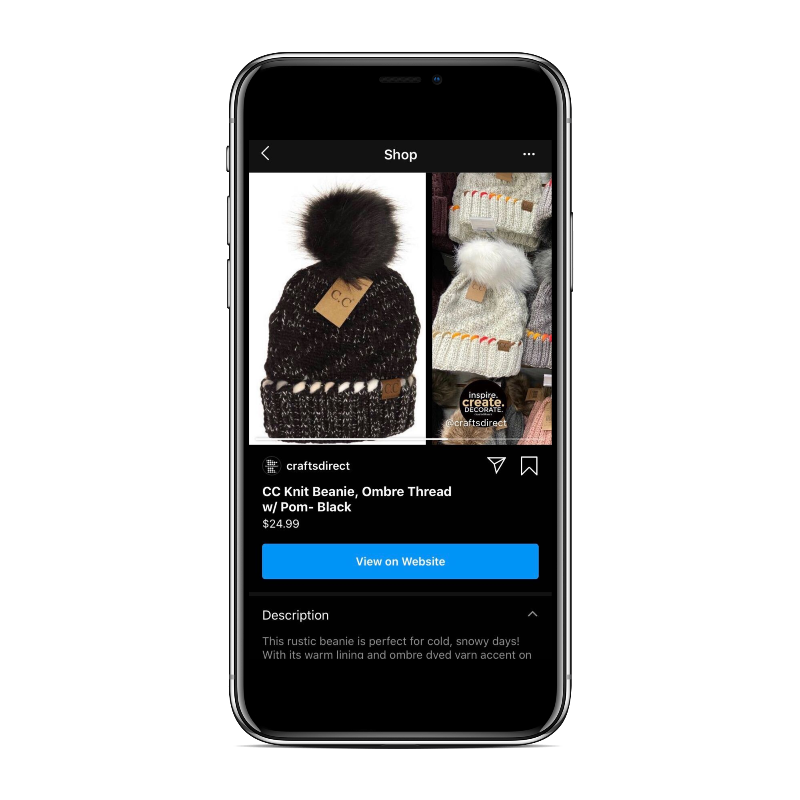 Smartphone showing retailer Crafts Direct''s Instagram shop on the screen.