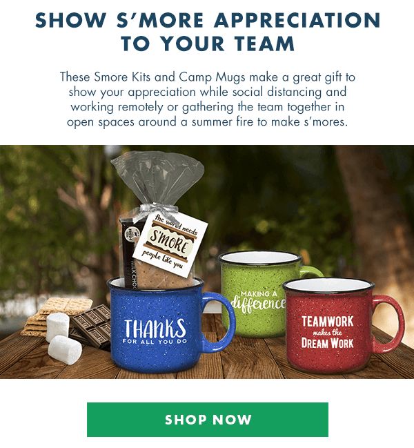 These Smore Kits and Camp Mugs make a great gift to show your appreciation while social distancing and working remotely or gathering the team together in open spaces around a summer fire to make s’mores.