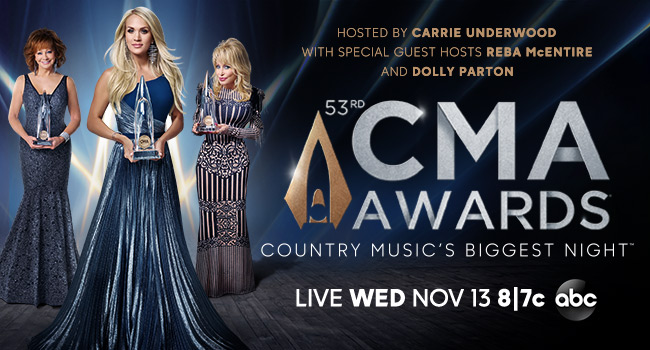 Hosted by Carrie Underwood with special guest hosts Reba McEntire and Dolly Parton | 53rd CMA Awards Live Wednesday, November
13 8/7c on ABC | Country Music's Biggest Night