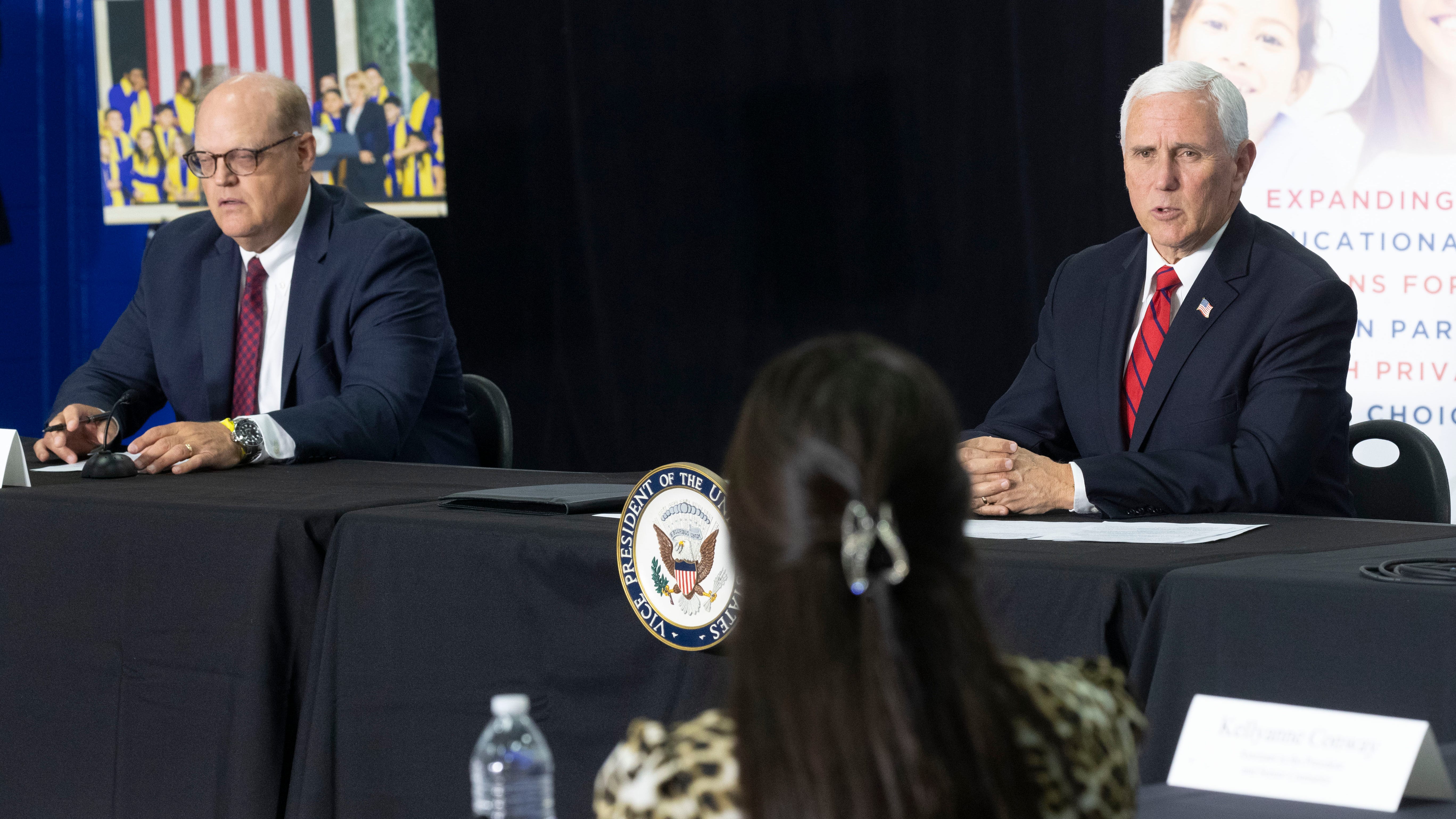 Vice President Mike Pence sits in on a school choice roundtable discussion Tuesday, June 23, 2020 at the Waukesha STEM Academy, 130 Walton Ave. in Waukesha, Wis. At left is Waukesha Schools Supt. Todd Gray.