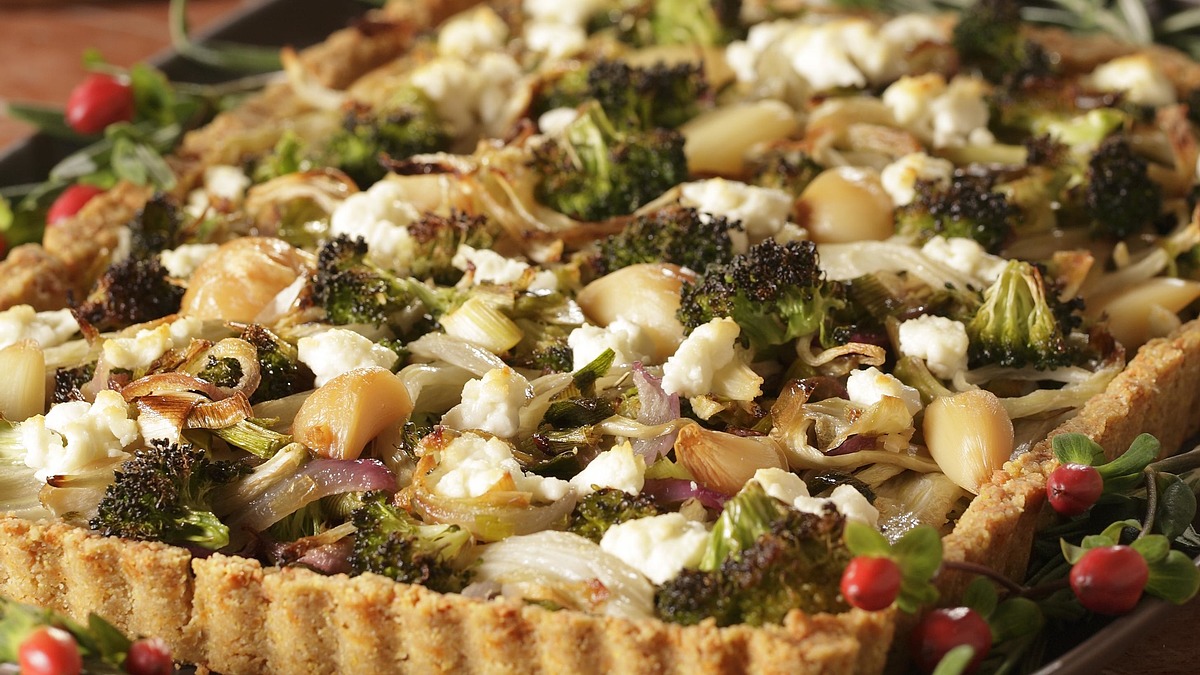 Roasted fall vegetables in cheddar crust