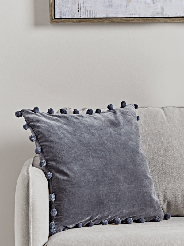 Velvet Pom Pom Cushion - Dark Grey