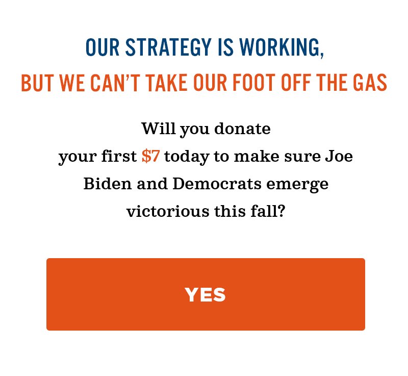 Our strategy is working, but we can''t take our foot off the gas. Will you donate today to make sure Joe Biden and Democrats emerge victorious this fall? Yes.