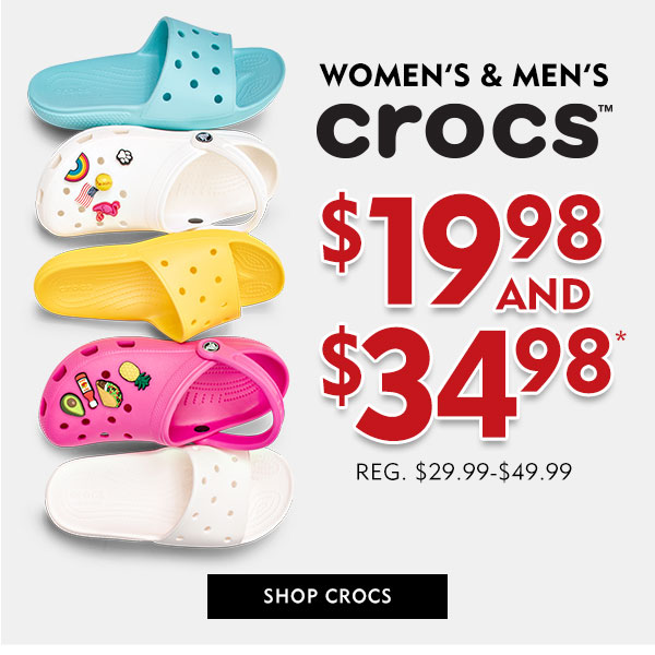 Women''s and Men''s Crocs $19.98 to $34.98. Shop Crocs