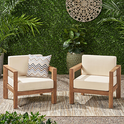 Lucia Outdoor Wooden Club Chairs with Cushions (Set of 2)