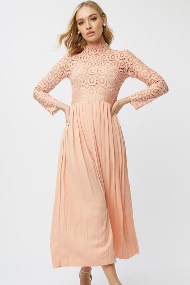 Alice Peach Crochet Top Midaxi Dress With Pleated Skirt