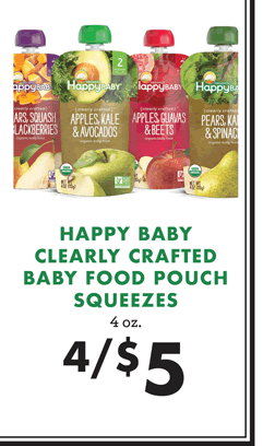 HAPPY BABY CLEARLY CRAFTED BABY FOOD POUCH SQUEEZES - 4 ounces - 4 for $5