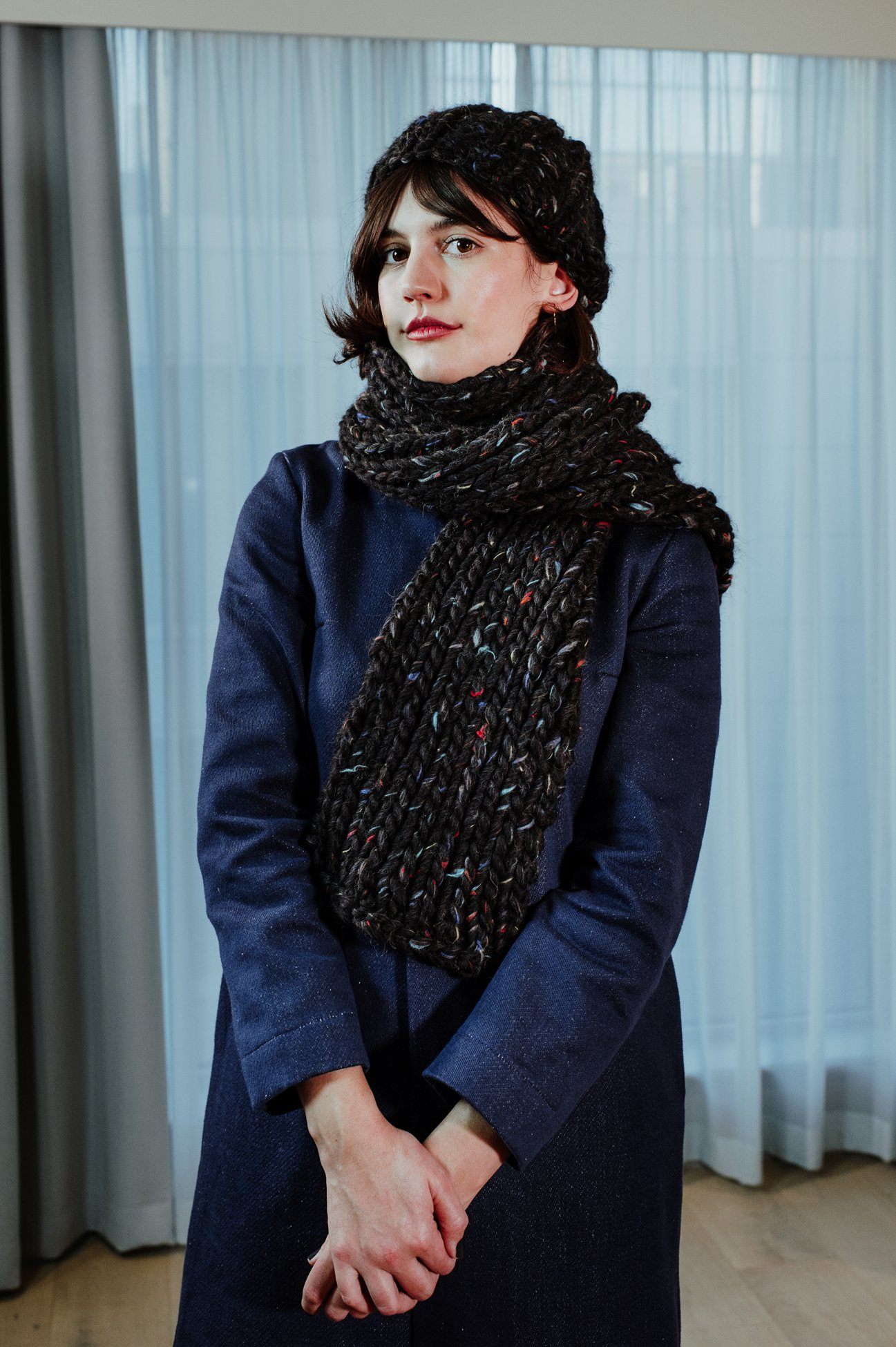 Hand-knitted Wool Black Flecked Scarf